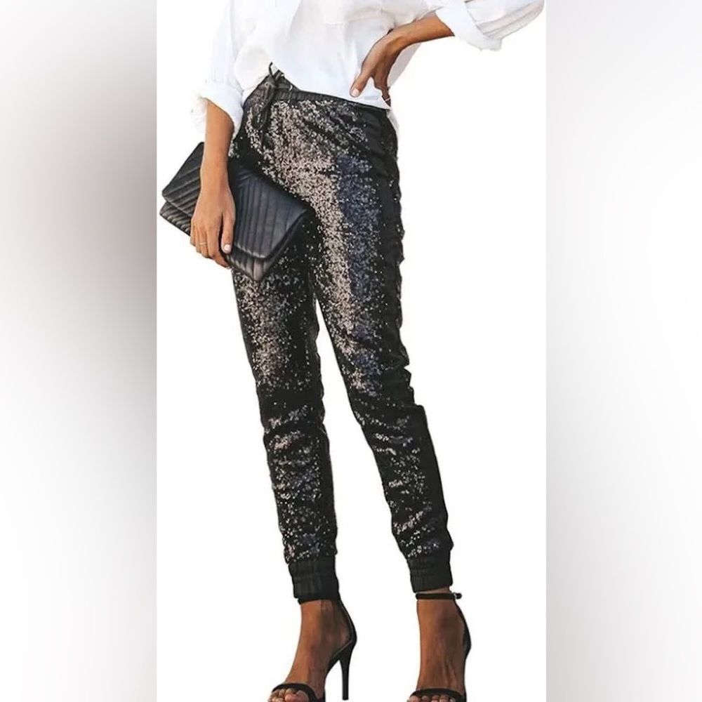Drawstring Sequin Jogger Style Pants W/ Faux Leather Side Stripes Size Small NEW